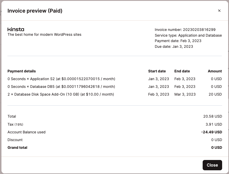 I componenti aggiuntivi per lo spazio su disco del database in una fattura da pagare.