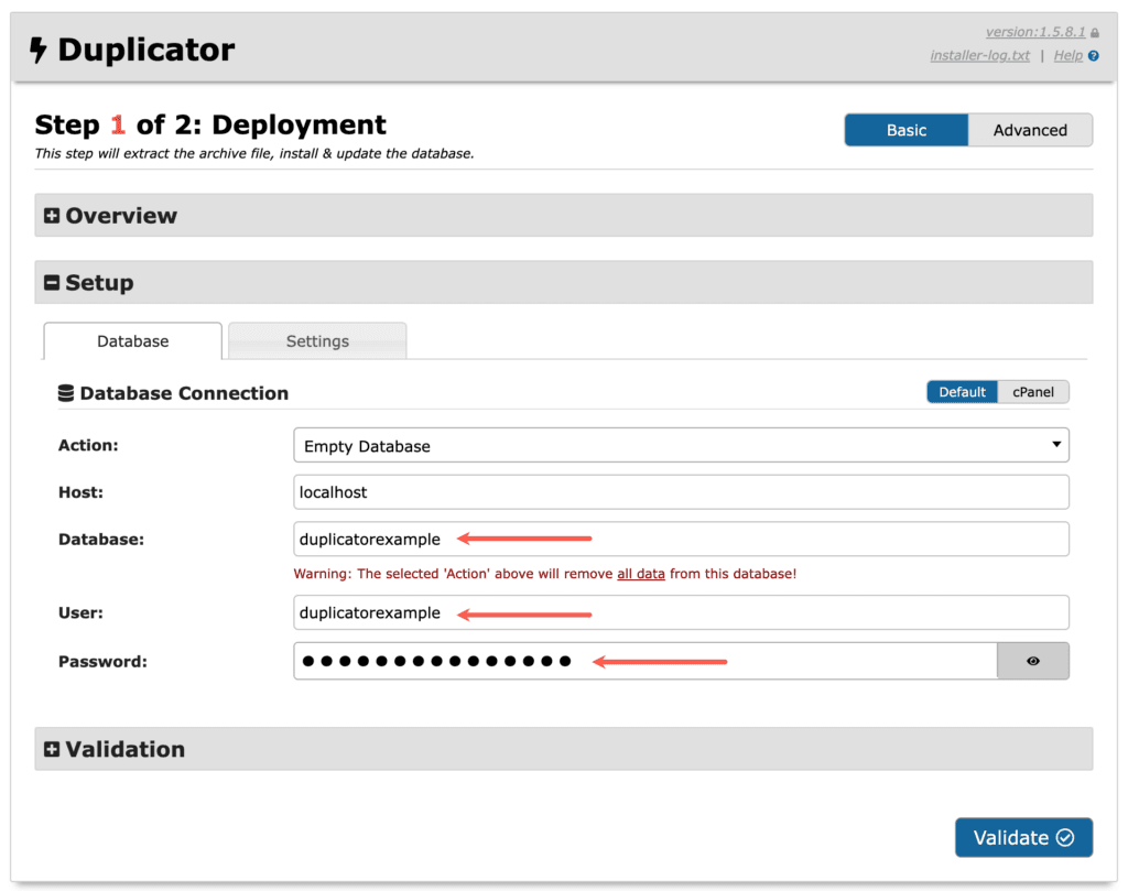 WordPress Duplicator plugin: install database