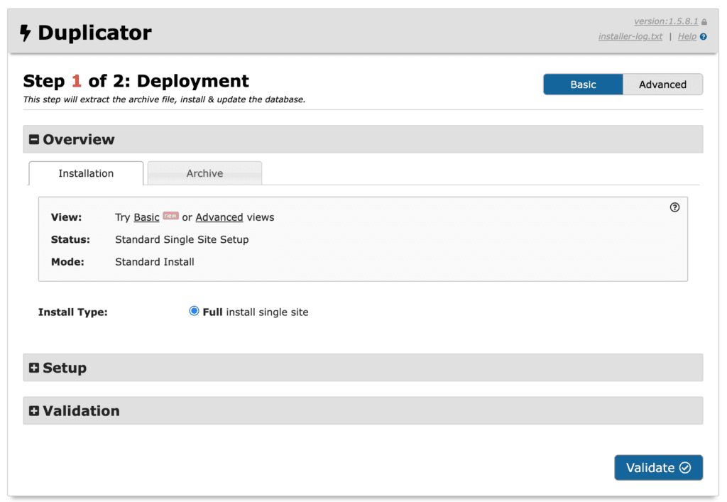 Duplicator deployment after visiting the installer.php link. 