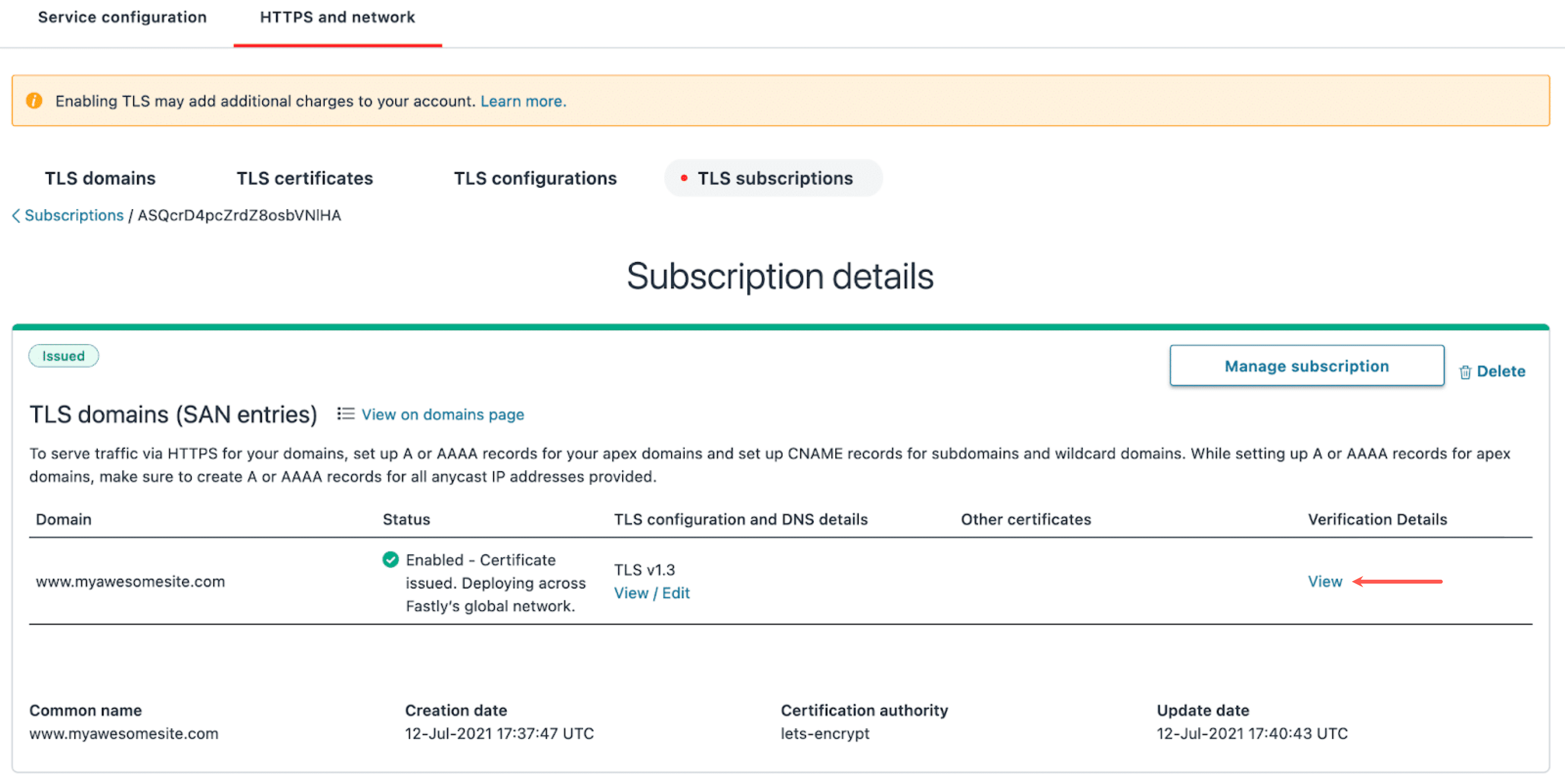 Viewing your domain verification details for SSL in Fastly.