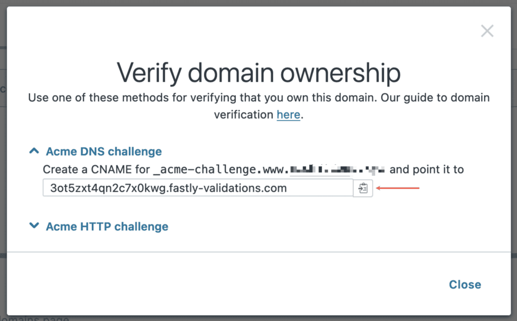 Copying your domain verification CNAME record in Fastly.