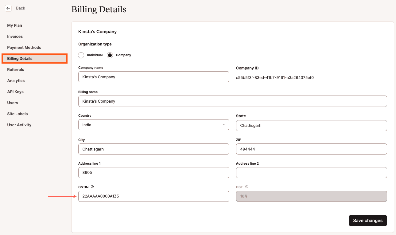 Das GSTIN-Feld in MyKinsta