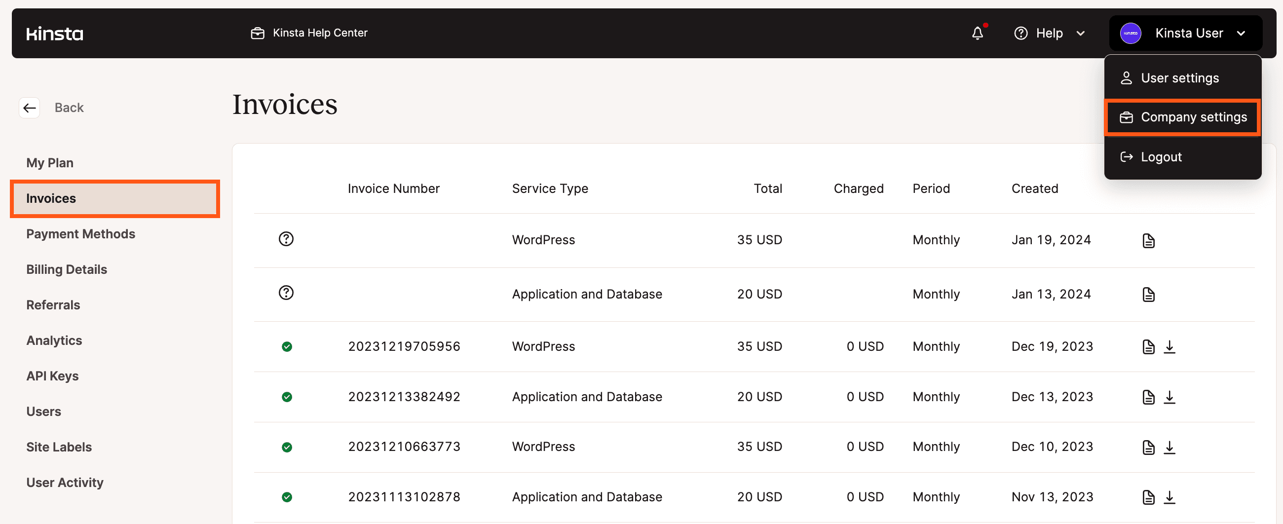 MyKinstaで支払い履歴を確認