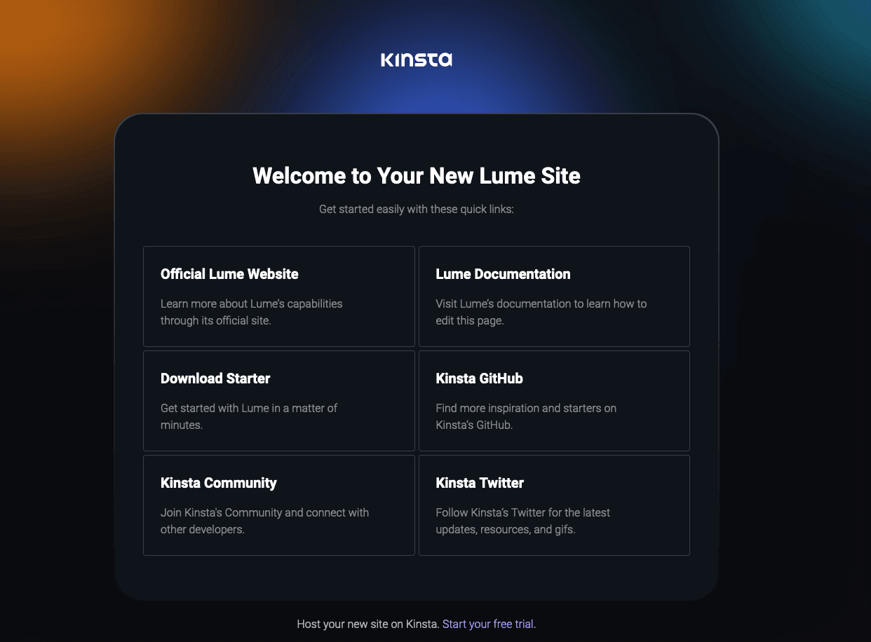 Pagina di benvenuto di Kinsta dopo la distribuzione riuscita di Lume.