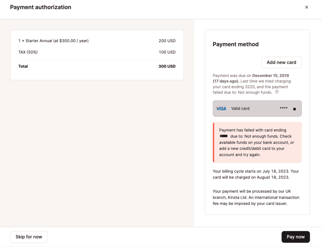 Aviso de factura impagada en MyKinsta con detalles y opciones para pagar.