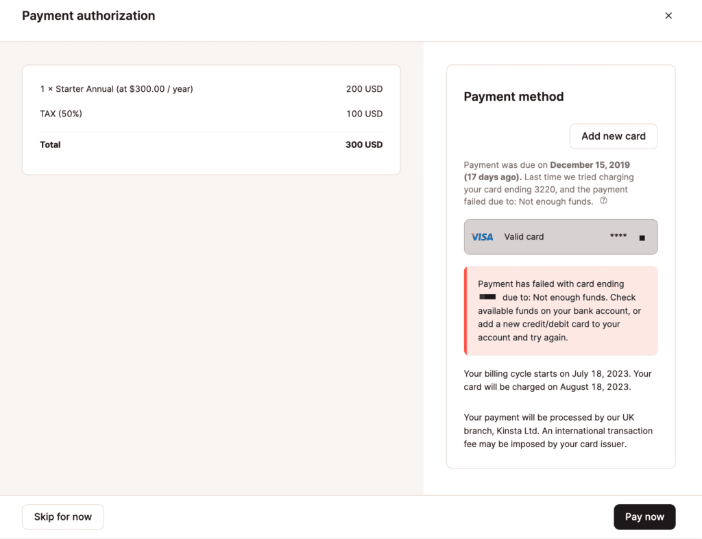 Unpaid invoice notice in MyKinsta with details and options to pay.