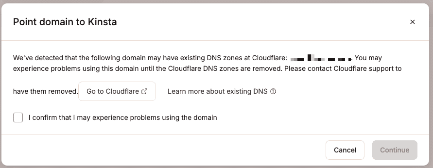 Warning about existing DNS record at Cloudflare.