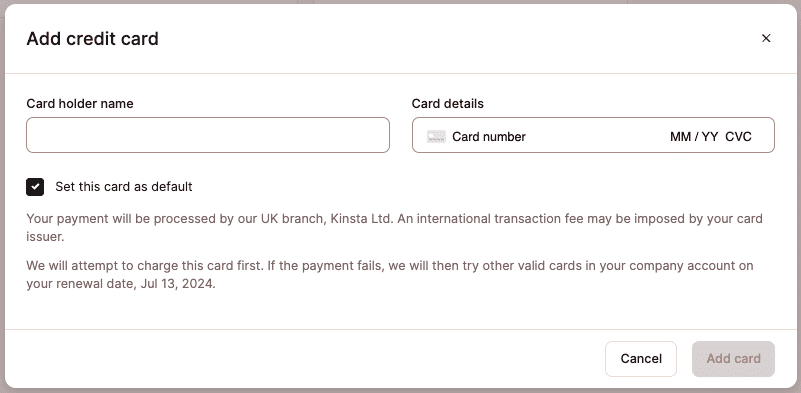 Change your default credit card in MyKinsta.