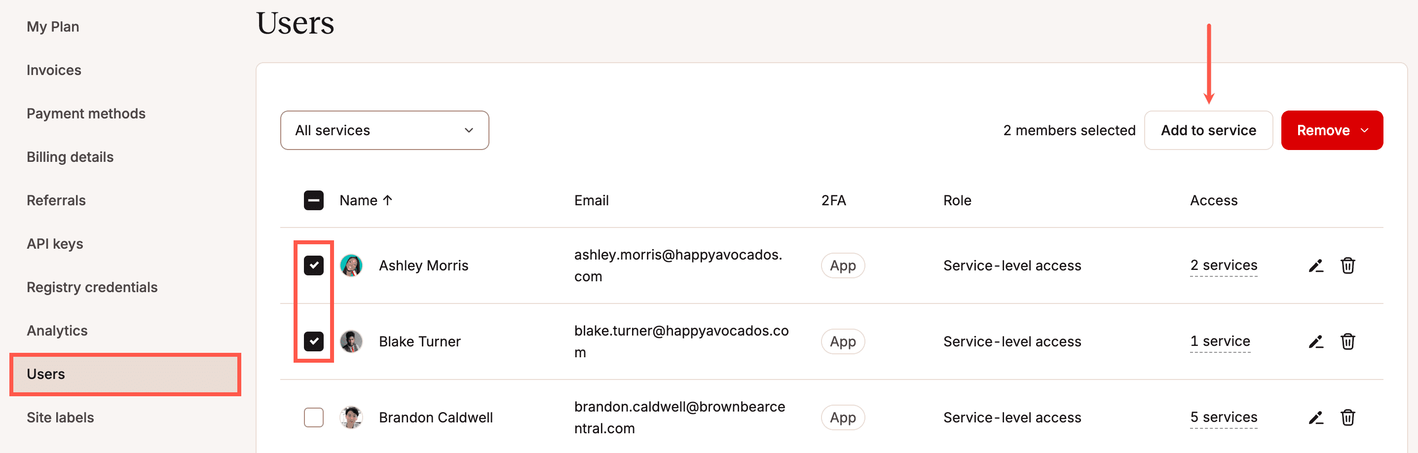Add multiple users to a service in MyKinsta.