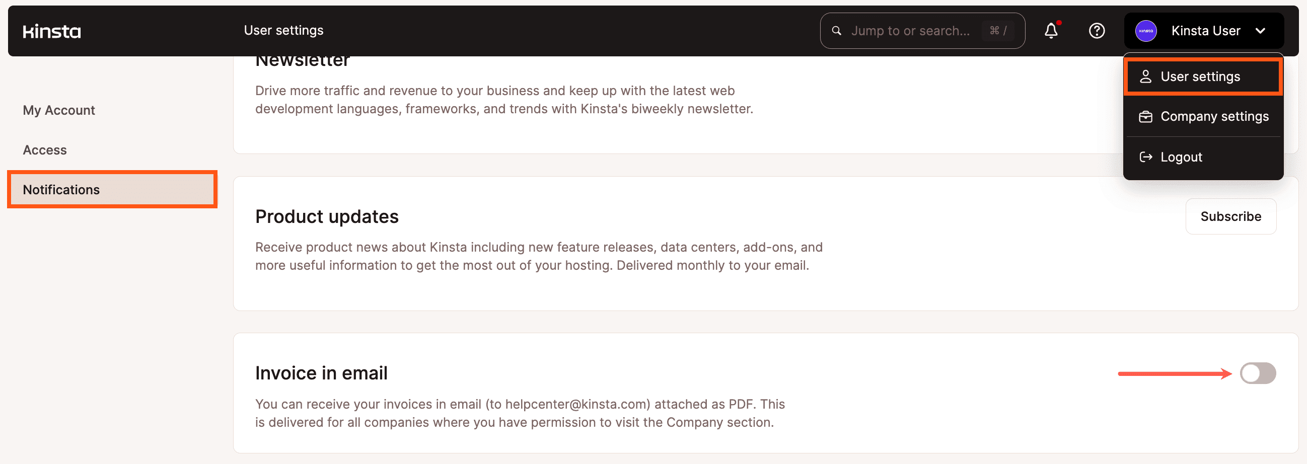Enabling automatic invoice emails in MyKinsta.