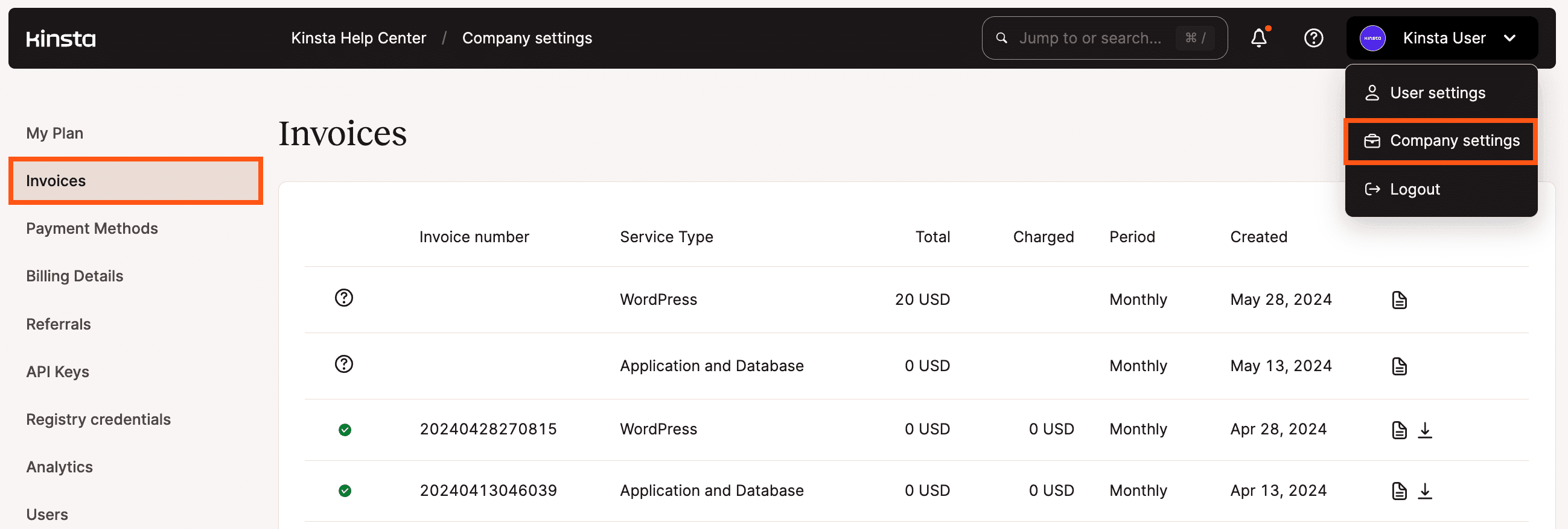 Hosting invoices in MyKinsta.