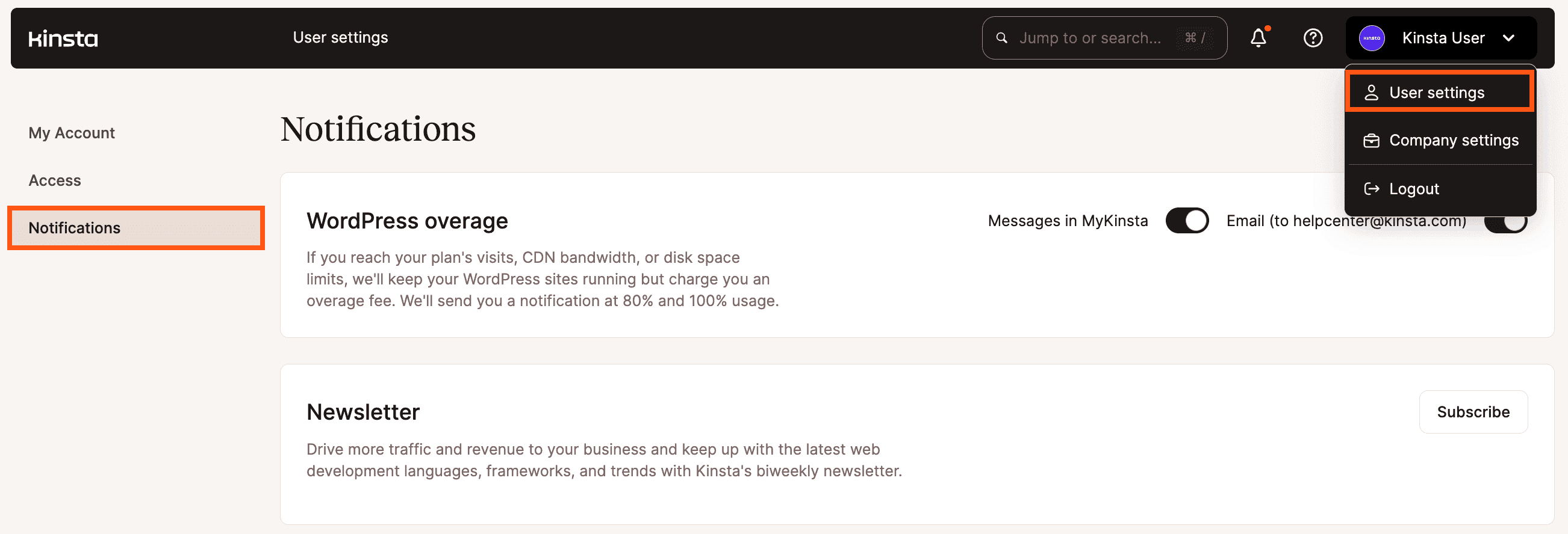 Notification settings in MyKinsta.