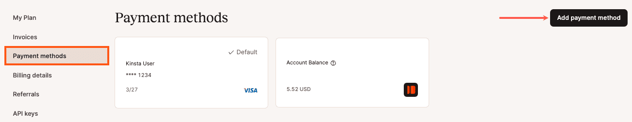 Add a payment method in MyKinsta.