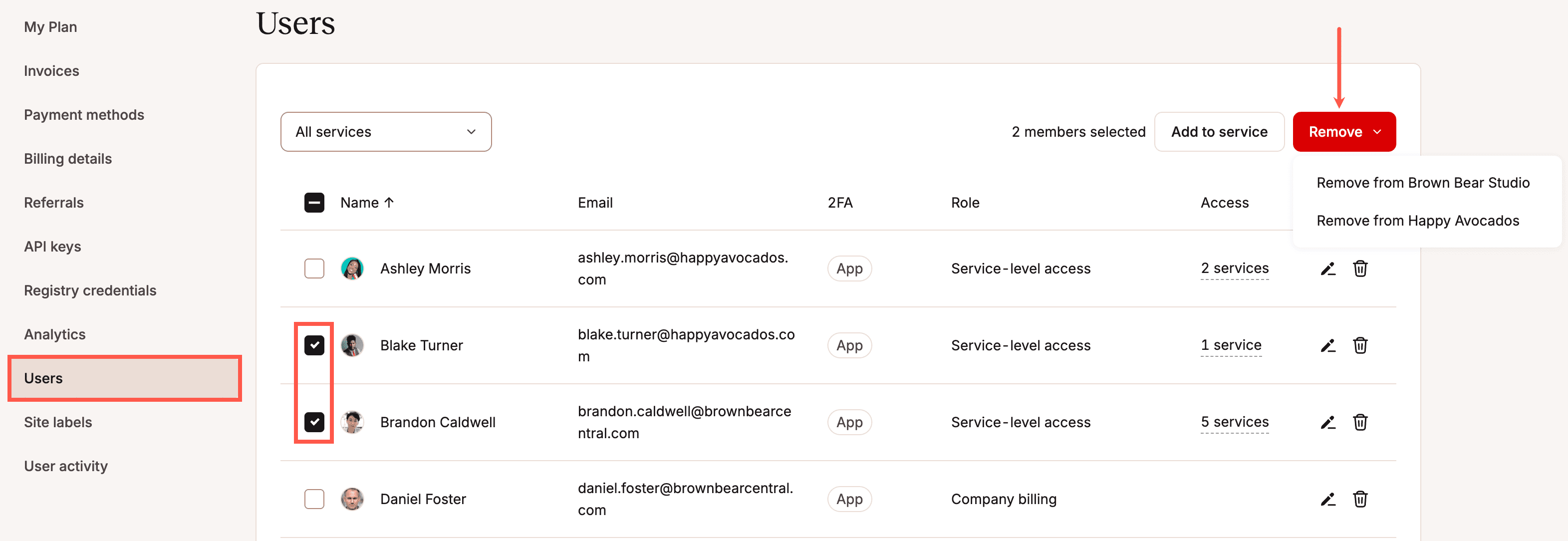 Select and remove multiple users from a service in MyKinsta.
