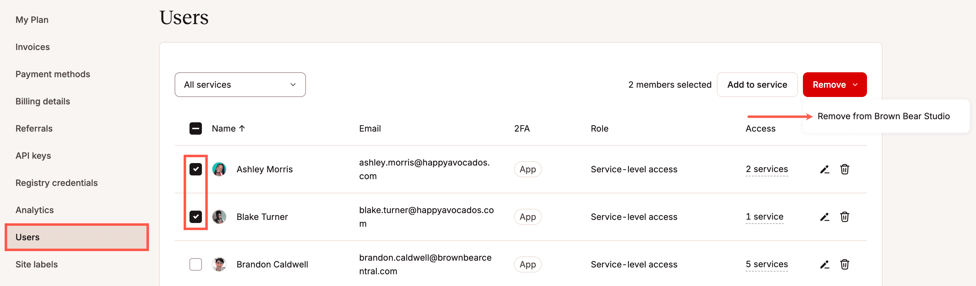 Remove multiple users from a company in MyKinsta.