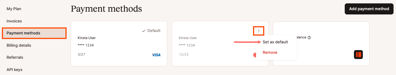 Select the default payment method in MyKinsta.