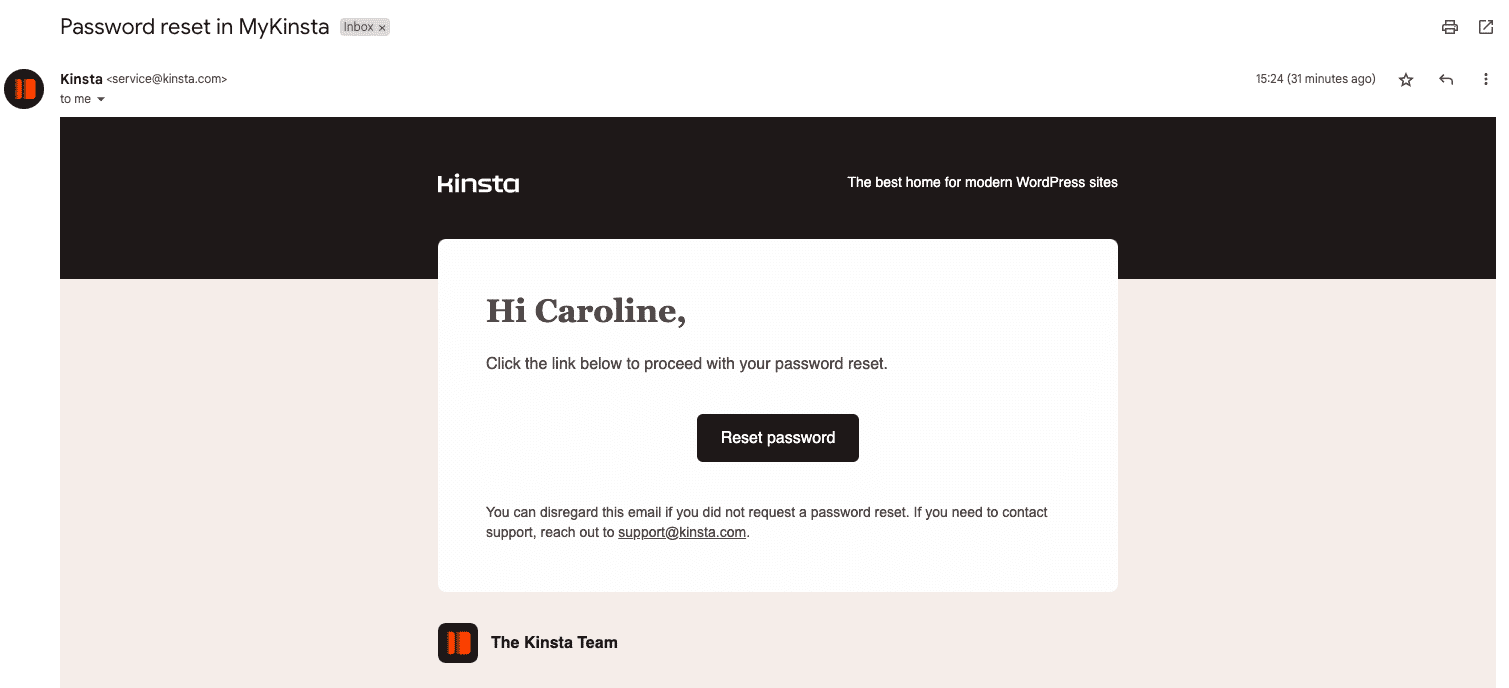 Password reset email from service@kinsta.com