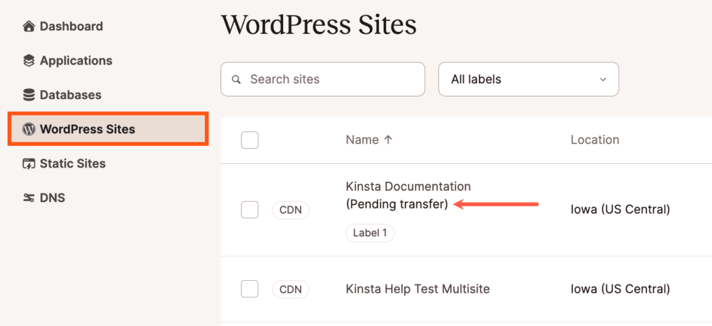 Un site en attente de transfert vers une autre entreprise dans MyKinsta.