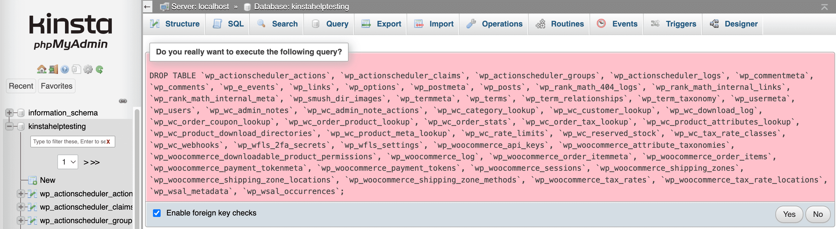 Confirm you want to run the query to drop tables in phpMyAdmin.