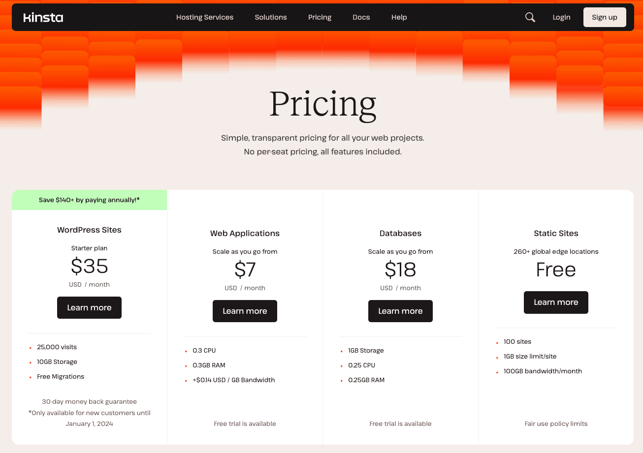 Página de precios del Alojamiento Administrado de WordPress de Kinsta.