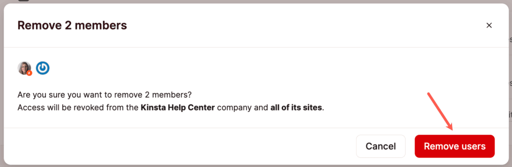 Confirm removing multiple users from a company in MyKinsta.