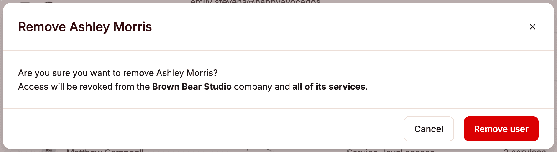 Confirm removing a user from a company in MyKinsta.
