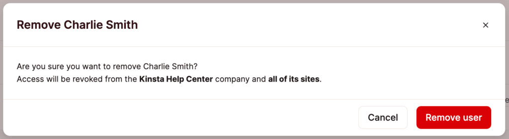 Confirm removing a user from a company in MyKinsta.