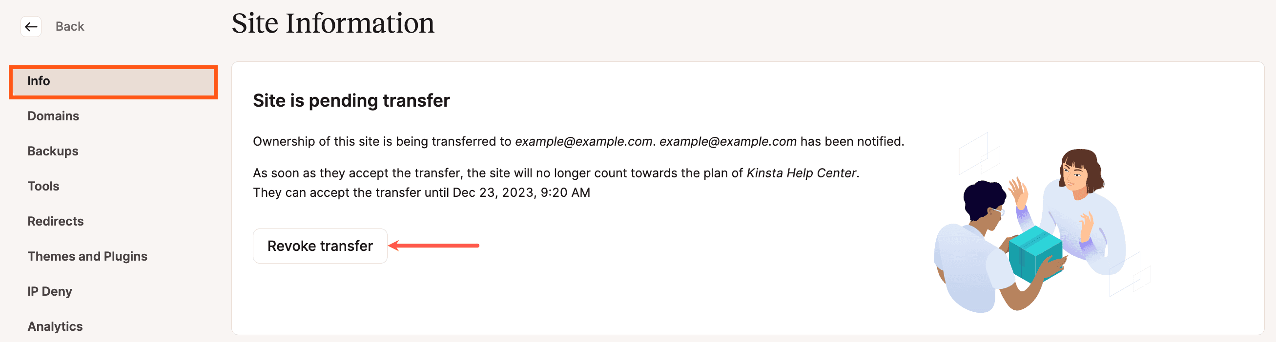 Cancelar/revocar la transferencia de un sitio en MyKinsta.