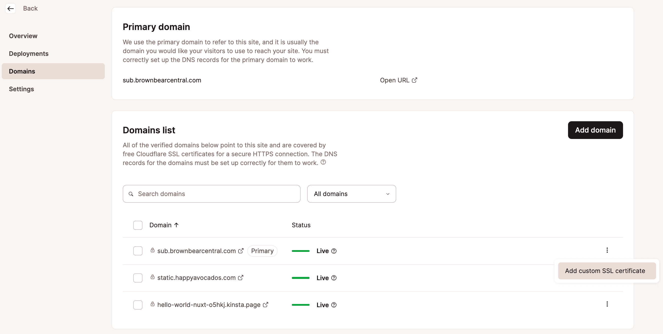 Voeg een custom SSL certificaat toe in MyKinsta.