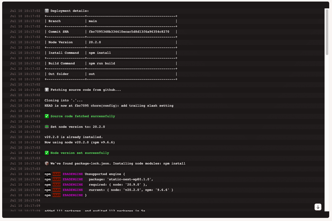 The static site deployment log for an individual deployment.