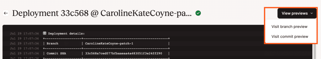 View a preview of the branch or commit.