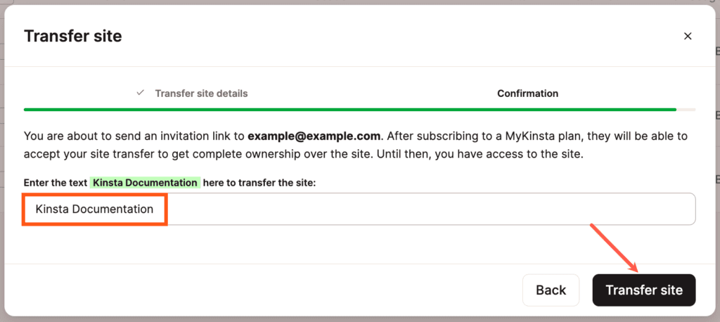 Clique no botão Transferir site para confirmar a transferência do site.