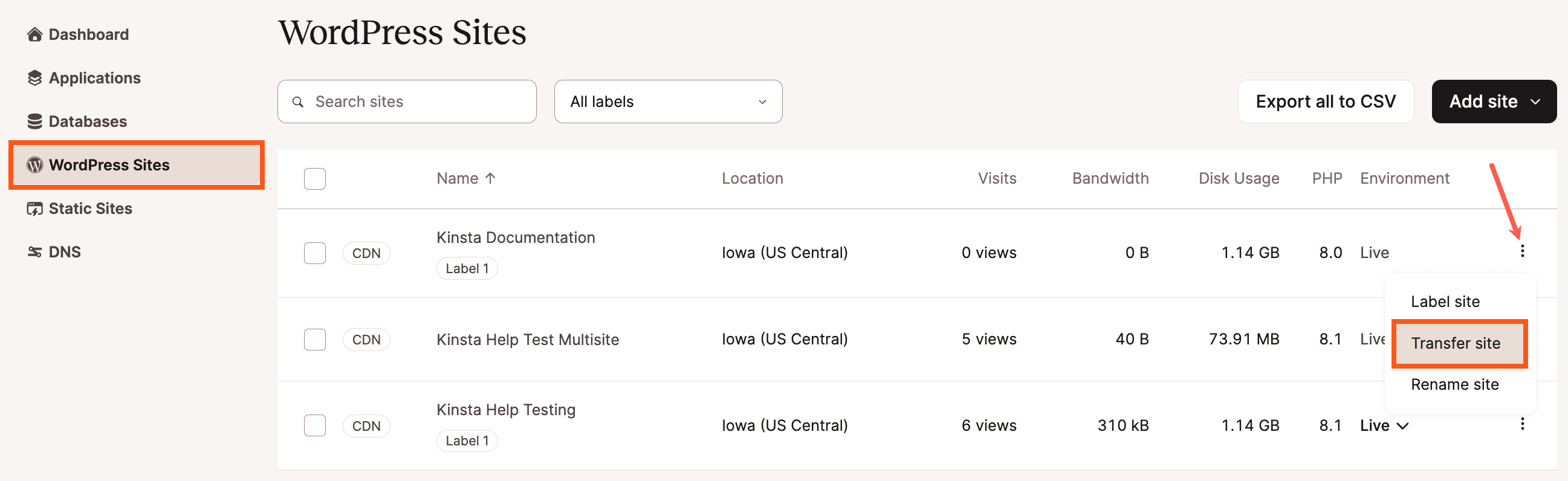 Selecteer Transfer site om te beginnen met het overdragen van je site naar een ander bedrijf.