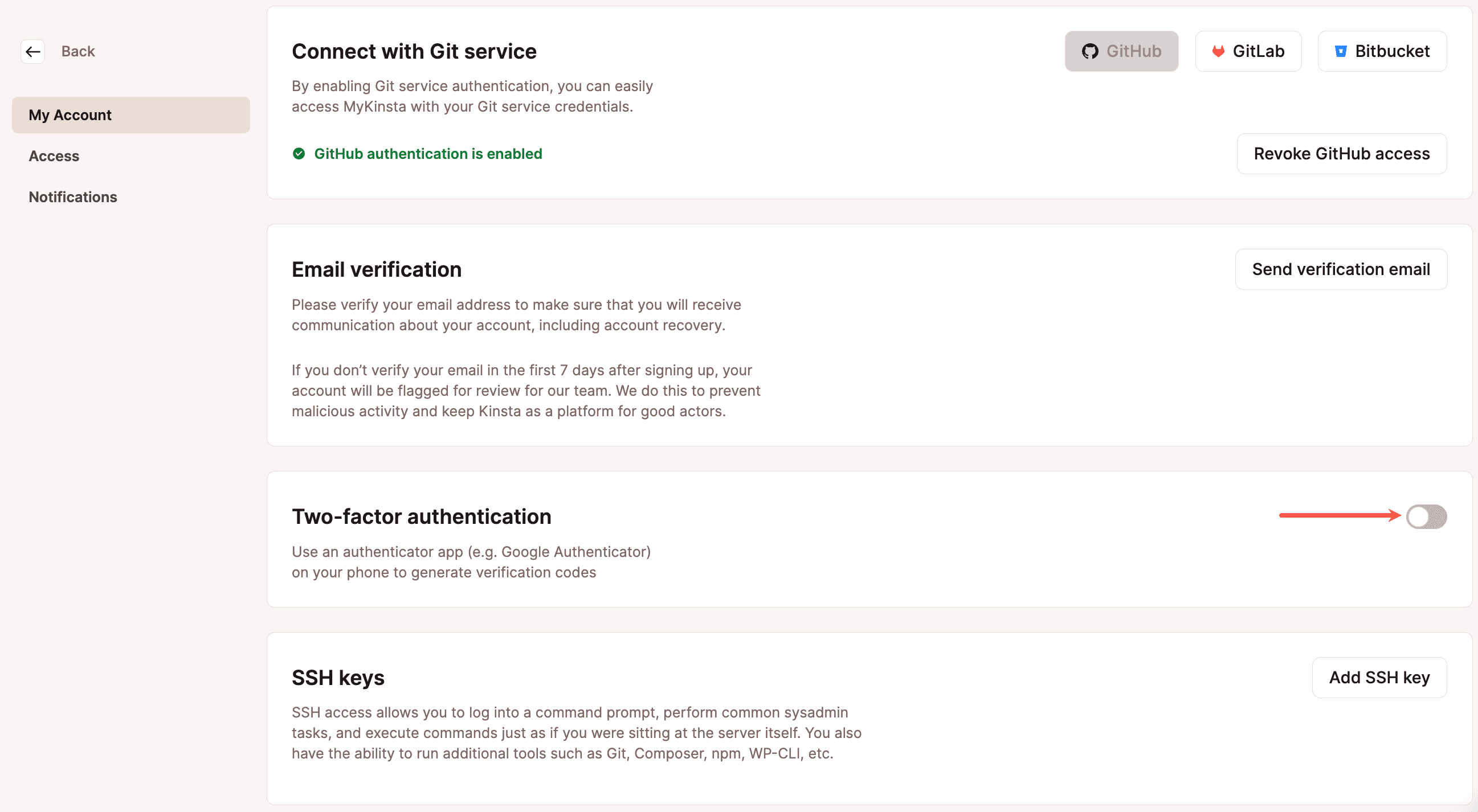 Schakel twee-factor authenticatie in op MyKinsta.