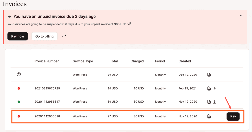 MyKinstaで未払いの料金に対してお支払いを実行