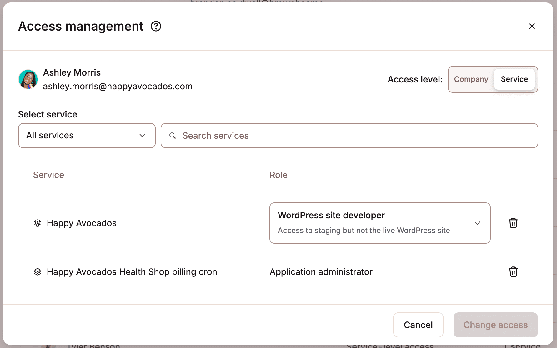 Remove a user from a service in MyKinsta.