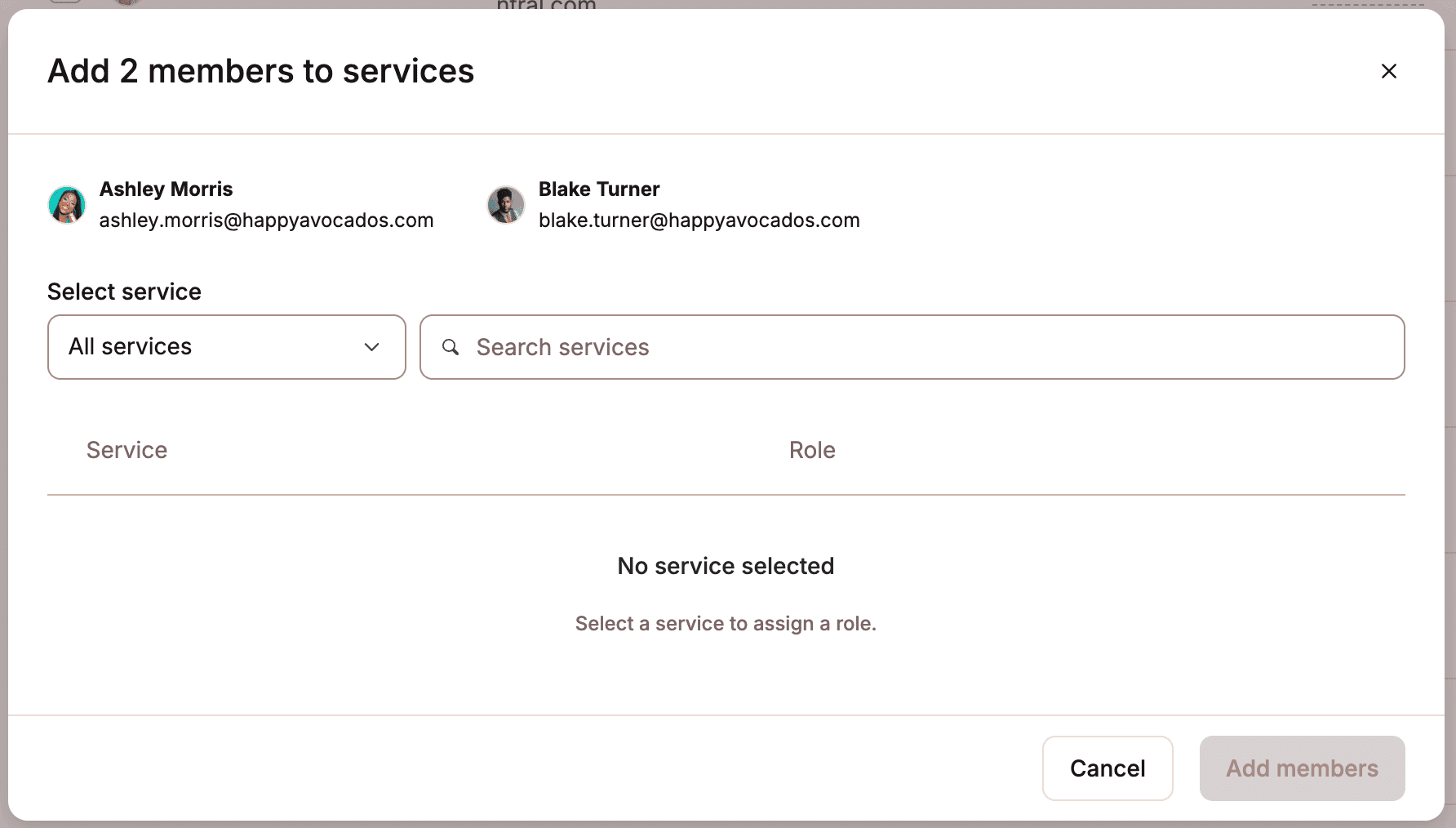 Select a service to add users to.