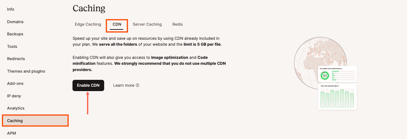 Aktiviere Kinsta's CDN auf der Registerkarte „Caching“. 