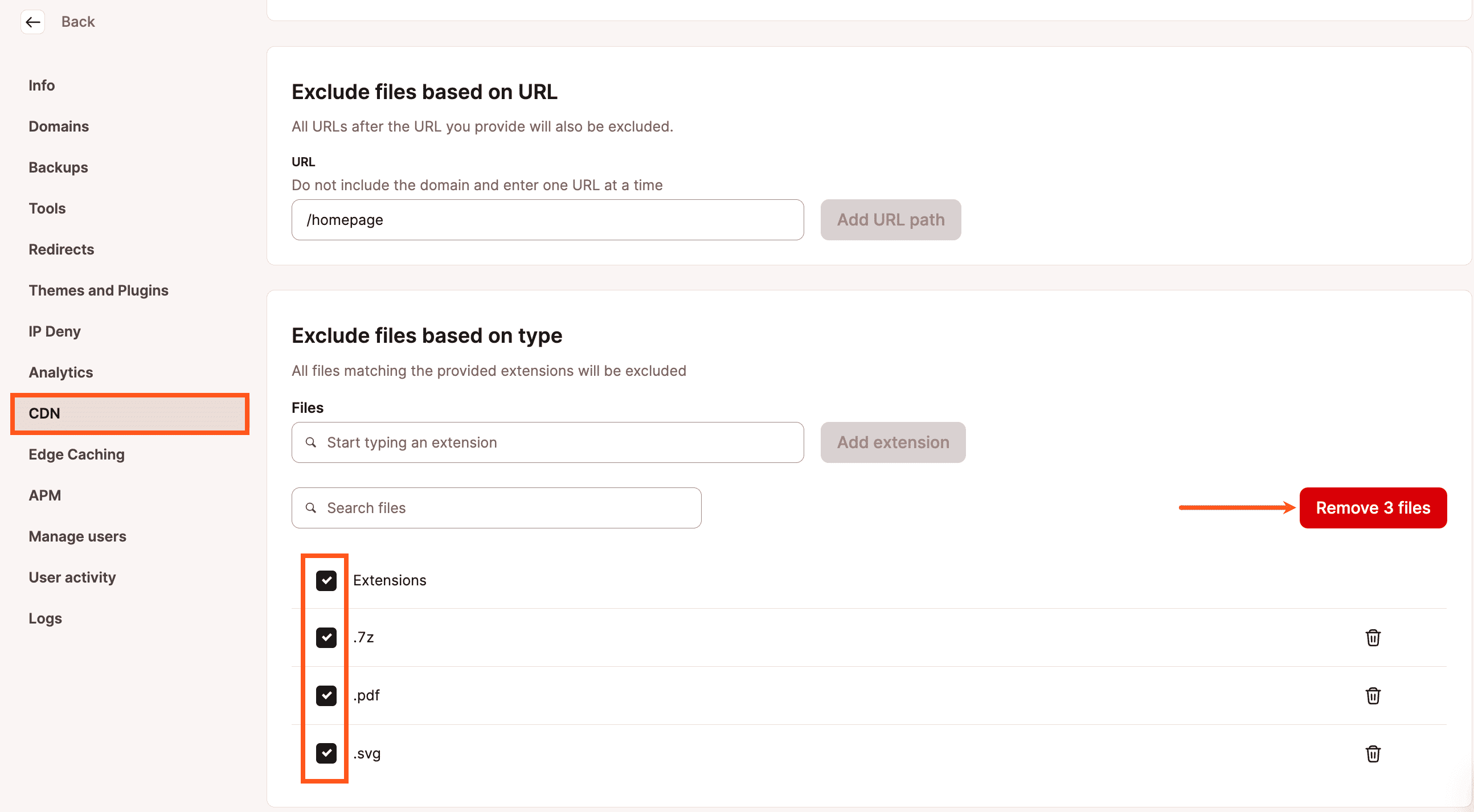 Meerdere bestandstype uitsluitingen verwijderen in Kinsta CDN.