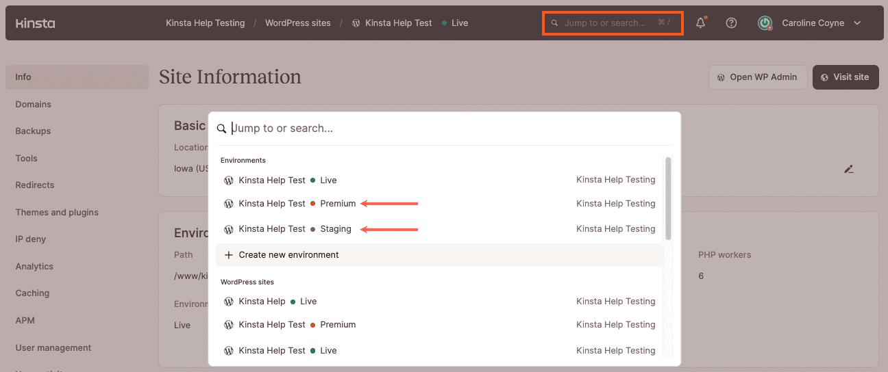 Select the staging environment from the Jump to or search box.