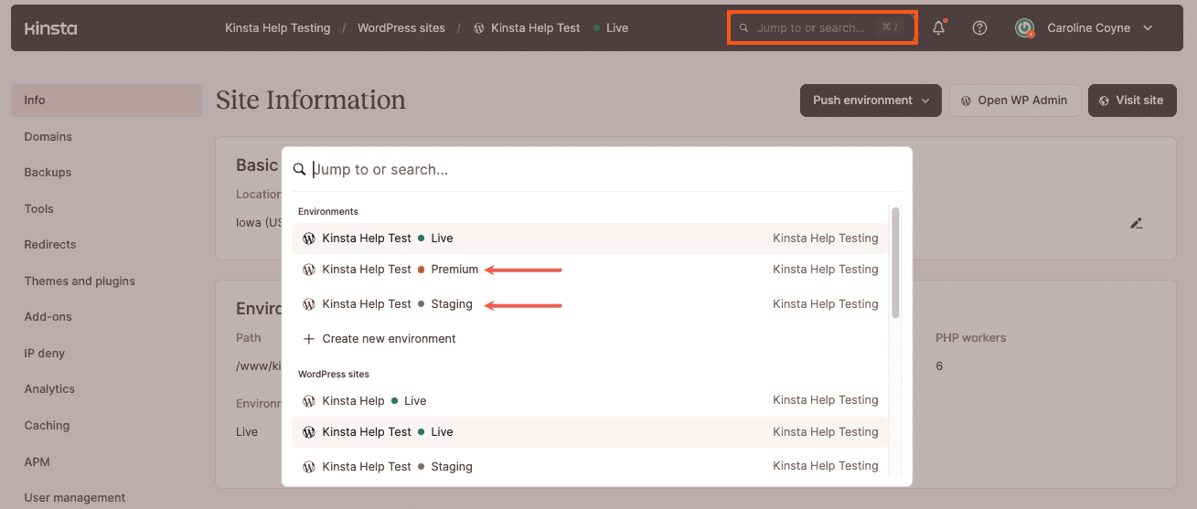 Select the staging environment from the Jump to or search box.