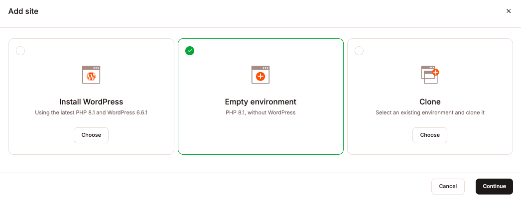 Add a new site without WordPress (empty environment).