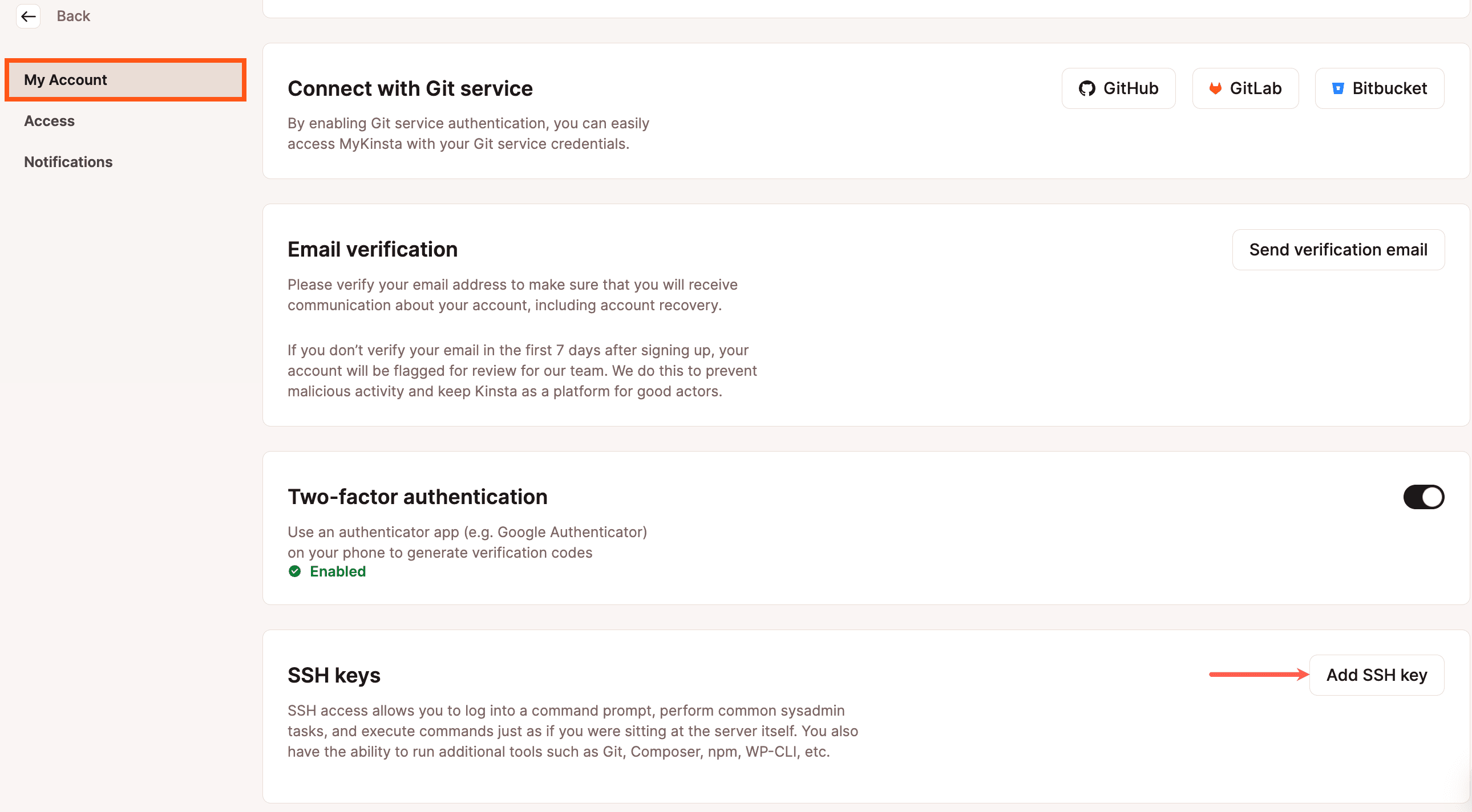 SSH-Schlüssel in MyKinsta hinzufügen.