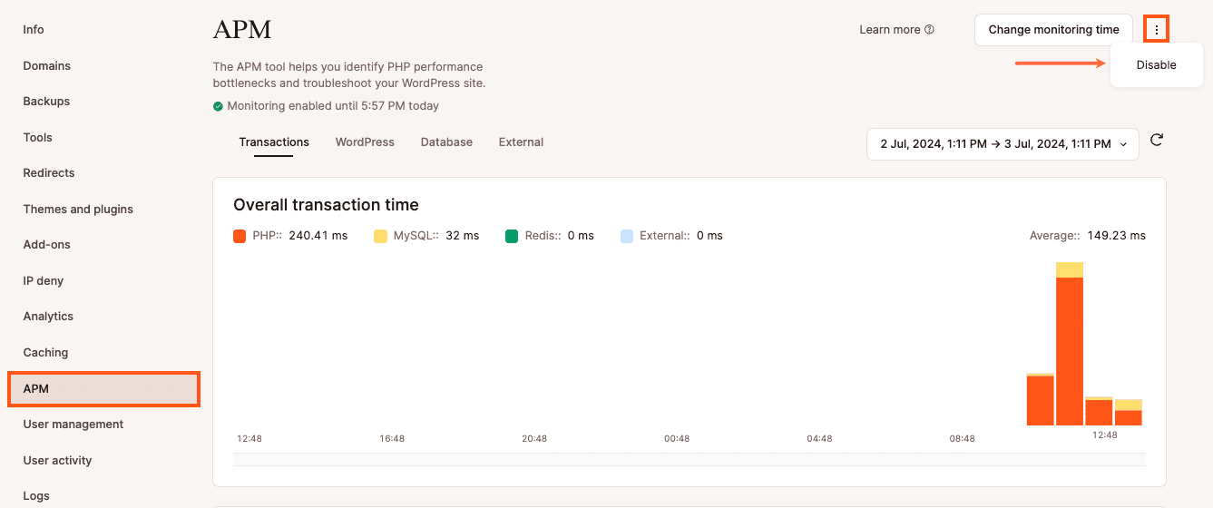 Disable application performance monitoring in MyKinsta.