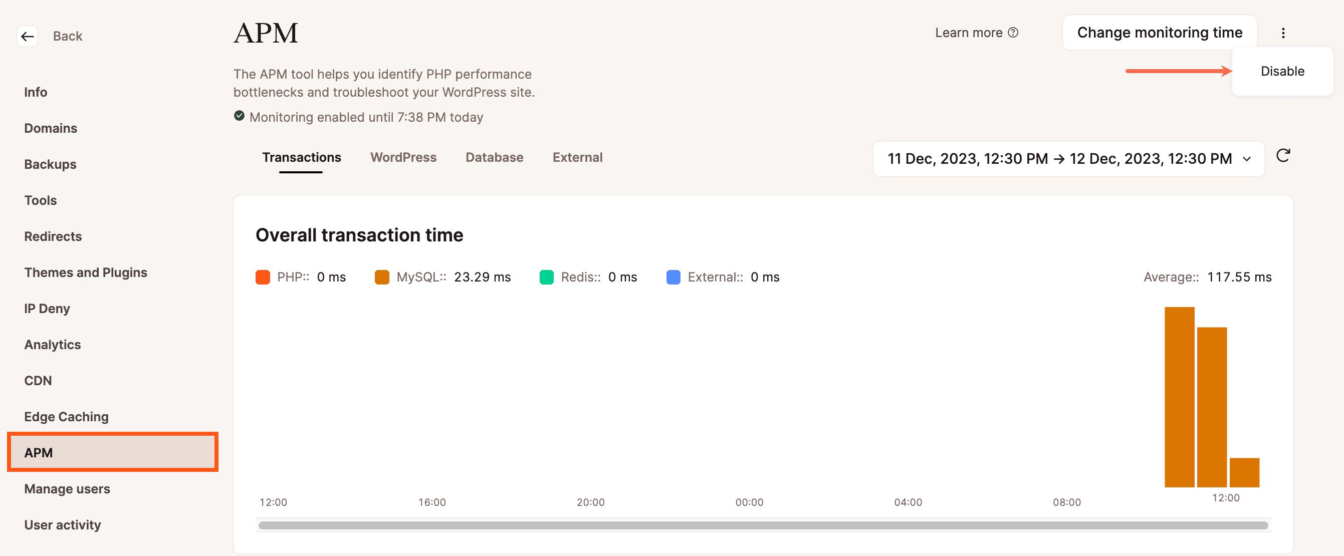 Applicatieprestatiemonitoring uitschakelen in MyKinsta.