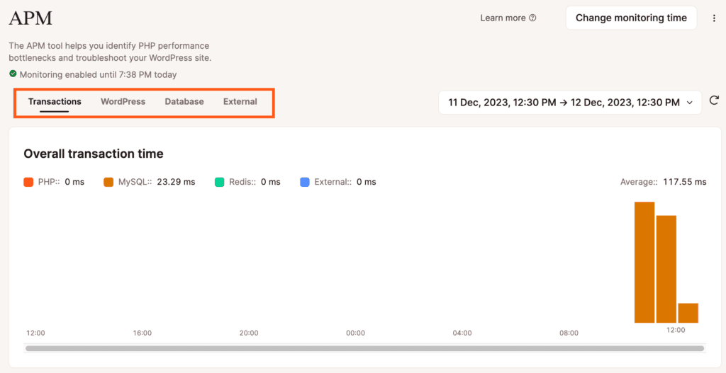 Dados do Kinsta APM: Transações, WordPress, Banco de Dados e Externo.