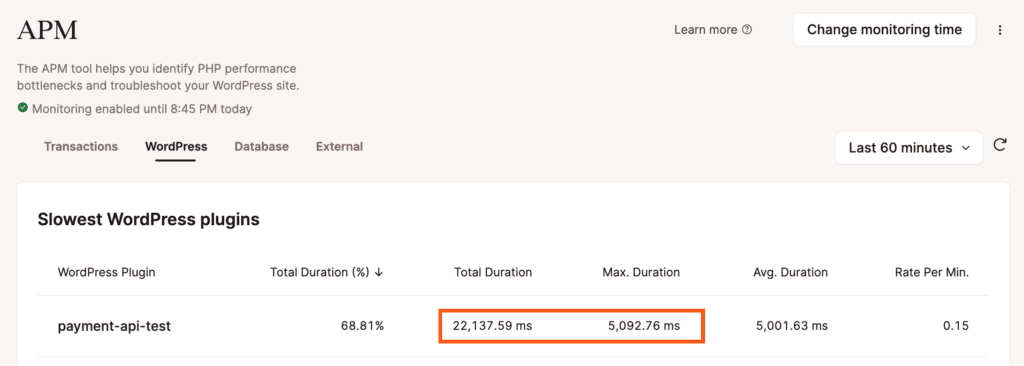 Bekijk de traagste WordPress plugins op het WordPress tabblad onder Monitoring resultaten.