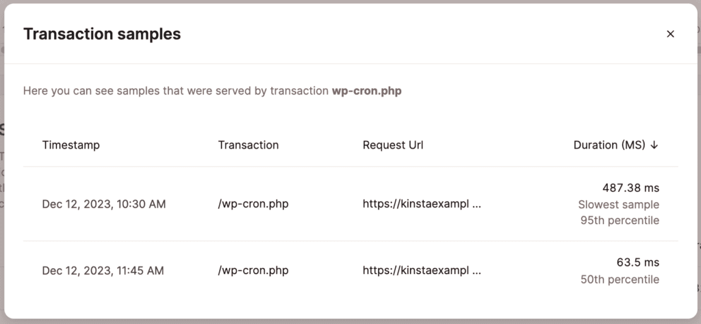 La fenêtre modale de l'échantillon de transaction dans l'outil APM.