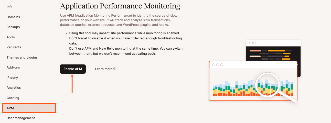 Click the Enable APM button to enable application performance monitoring in MyKinsta.