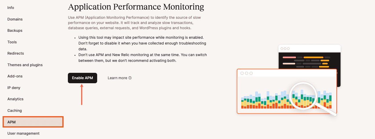 Cliquez sur le bouton Activer APM pour l'activer dans MyKinsta.